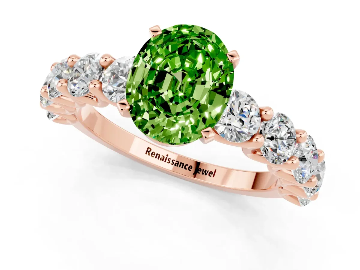 Oval Cut Peridot Prong Setting with Side Stones on a Pave Band Rose gold