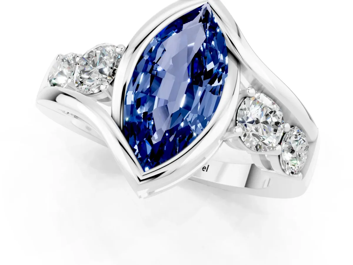 Bezel Set Marquise Cut Blue Sapphire Bypass Ring with Round Accents Silver