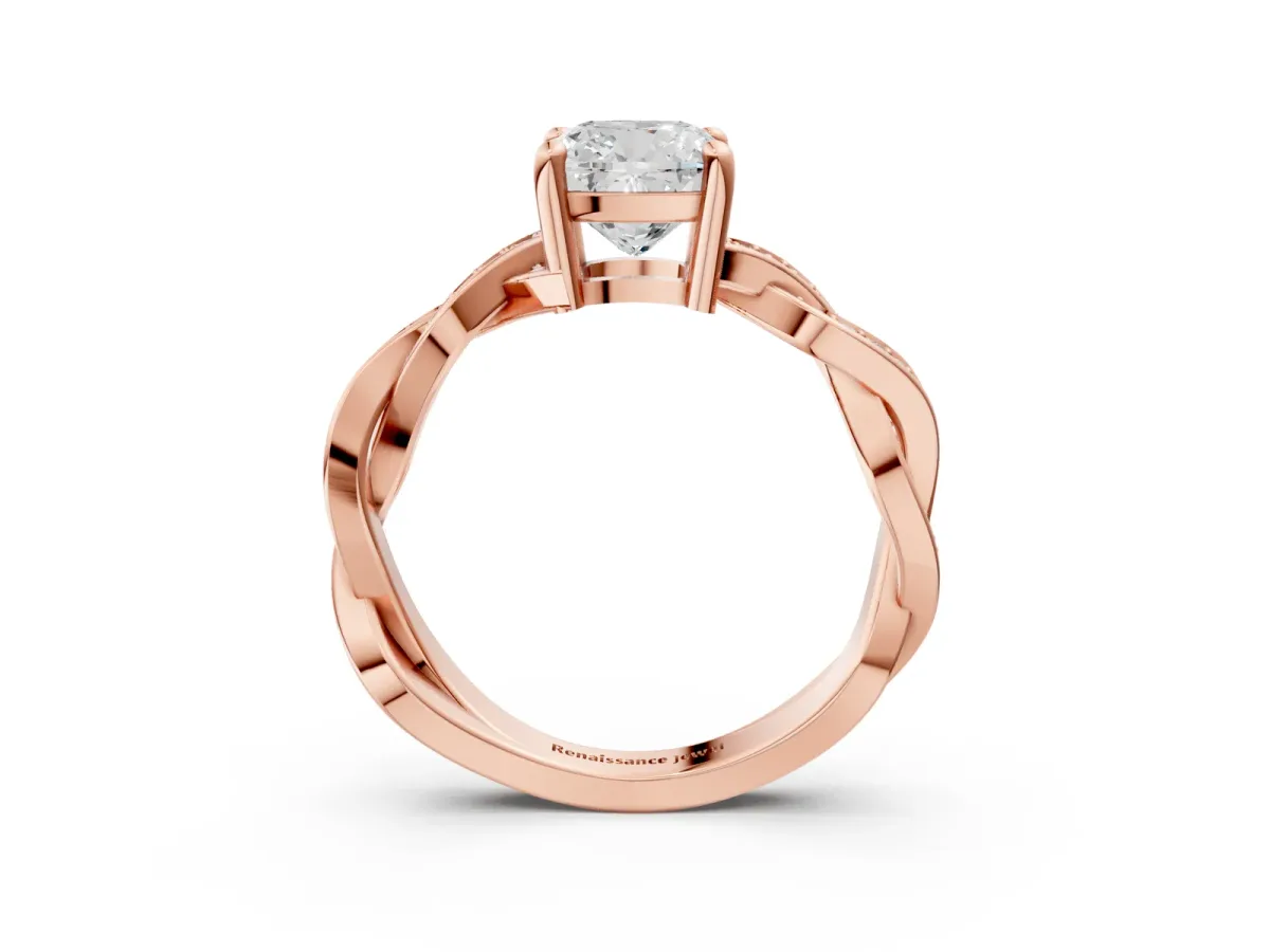 Cushion Cut Cut Twisted Pavé Band Solitaire Ring with Four-Prong Setting Rose gold