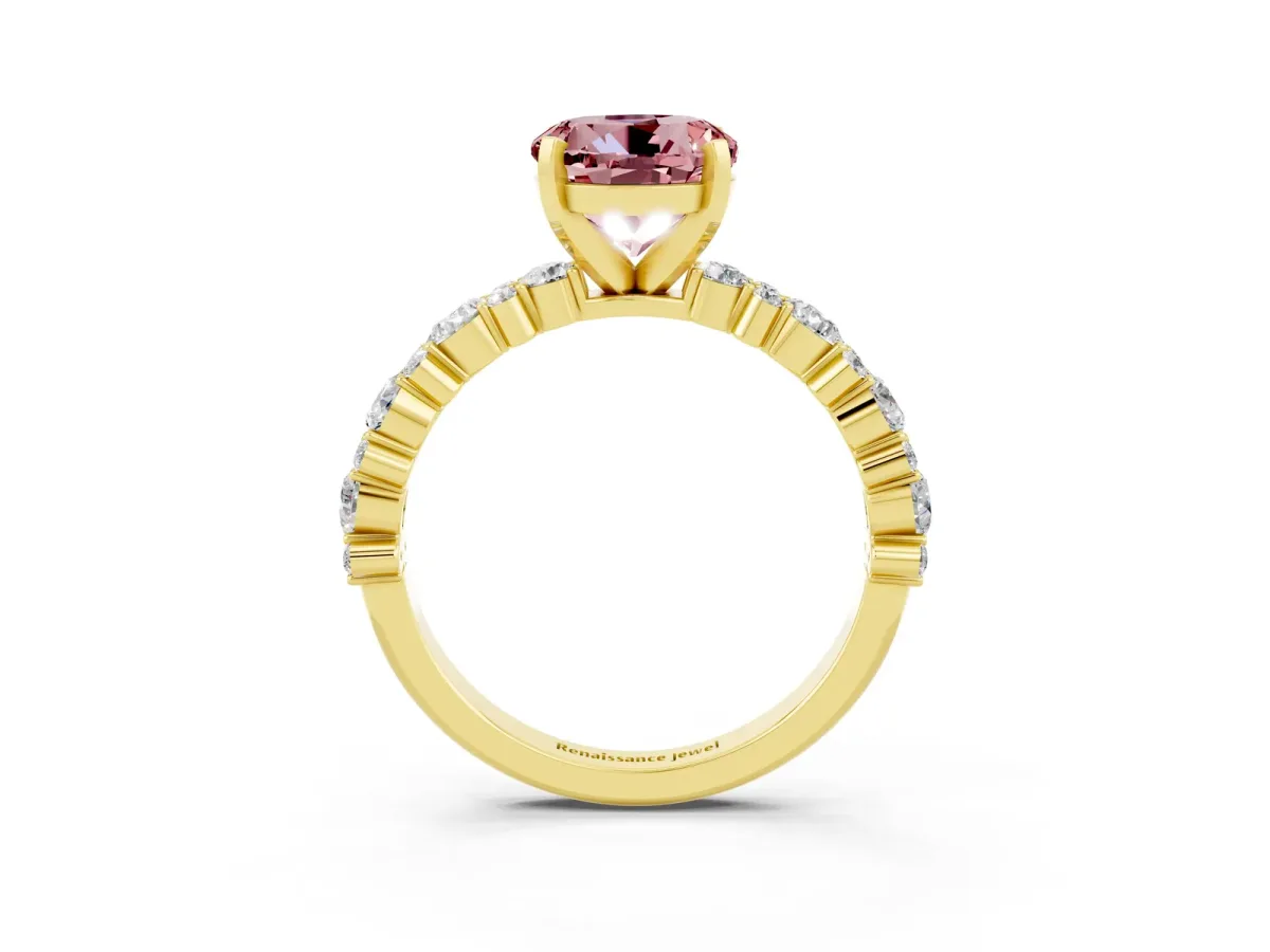 Round Cut Morganite Side Stone Solitaire Ring with Round and Four-Prong Setting Yellow gold