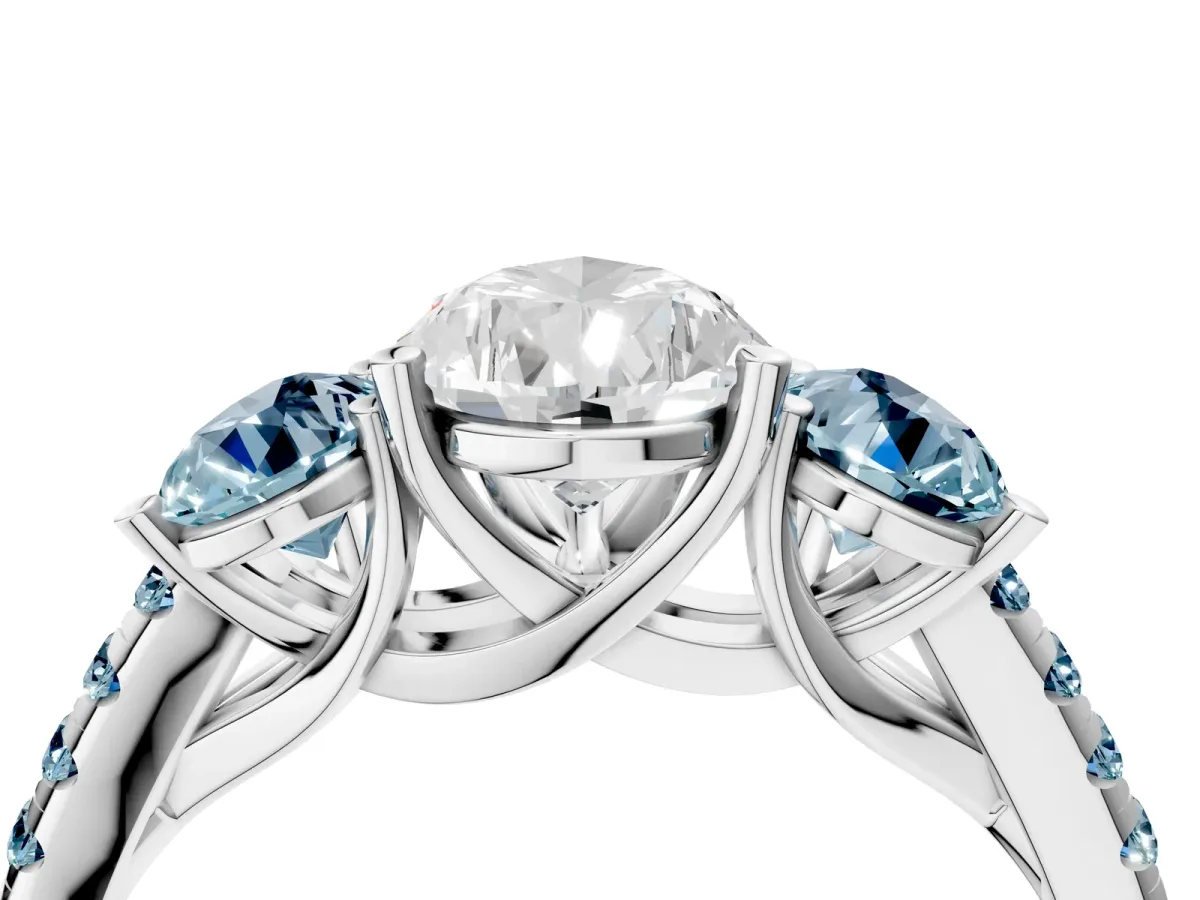 Three-Stone Pear Cut Diamond Ring with Round Aquamarine Pavé Band and Prong Setting Silver
