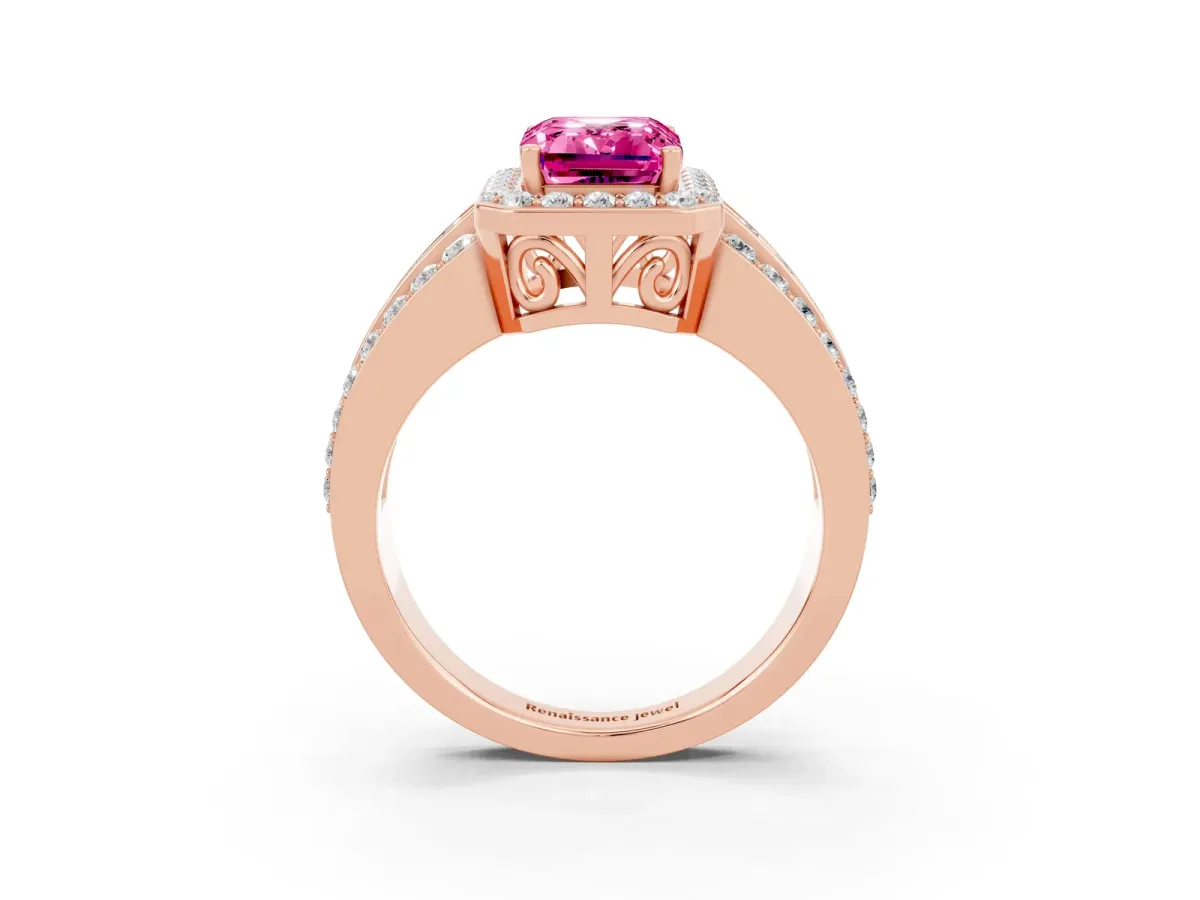 Emerald Cut Halo Pink Sapphire Ring with Round Split Shank and Prong Setting Rose gold