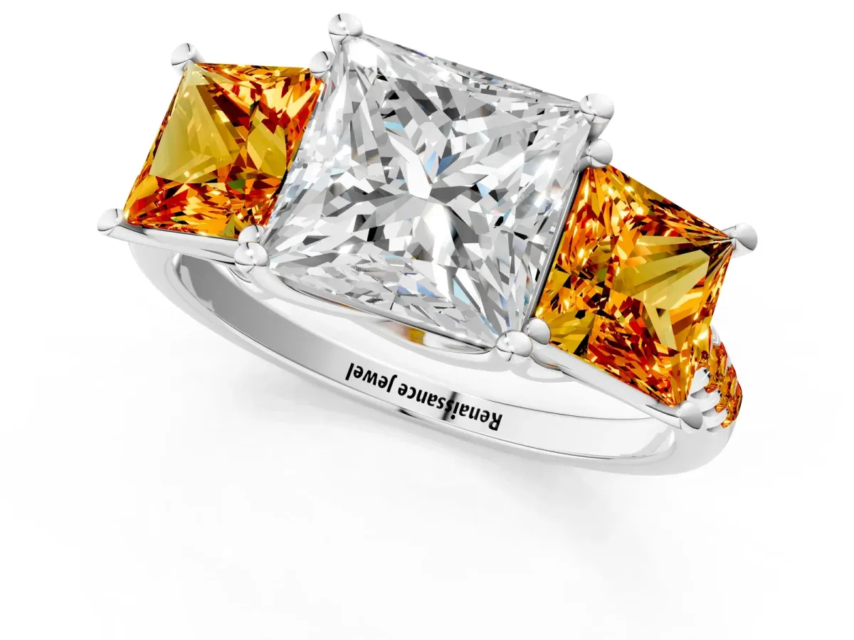 Three-Stone Princess Cut Diamond Ring with Round Citrine Pavé Band and Prong Setting Silver