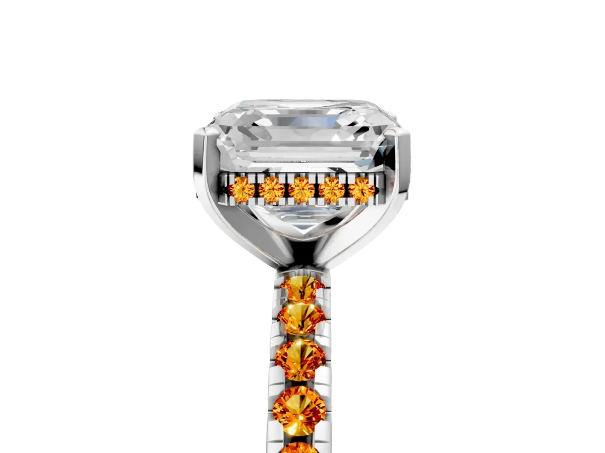Asscher Cut Diamond Solitaire Ring with Round Citrine Pavé Band and Four-Prong Setting Silver