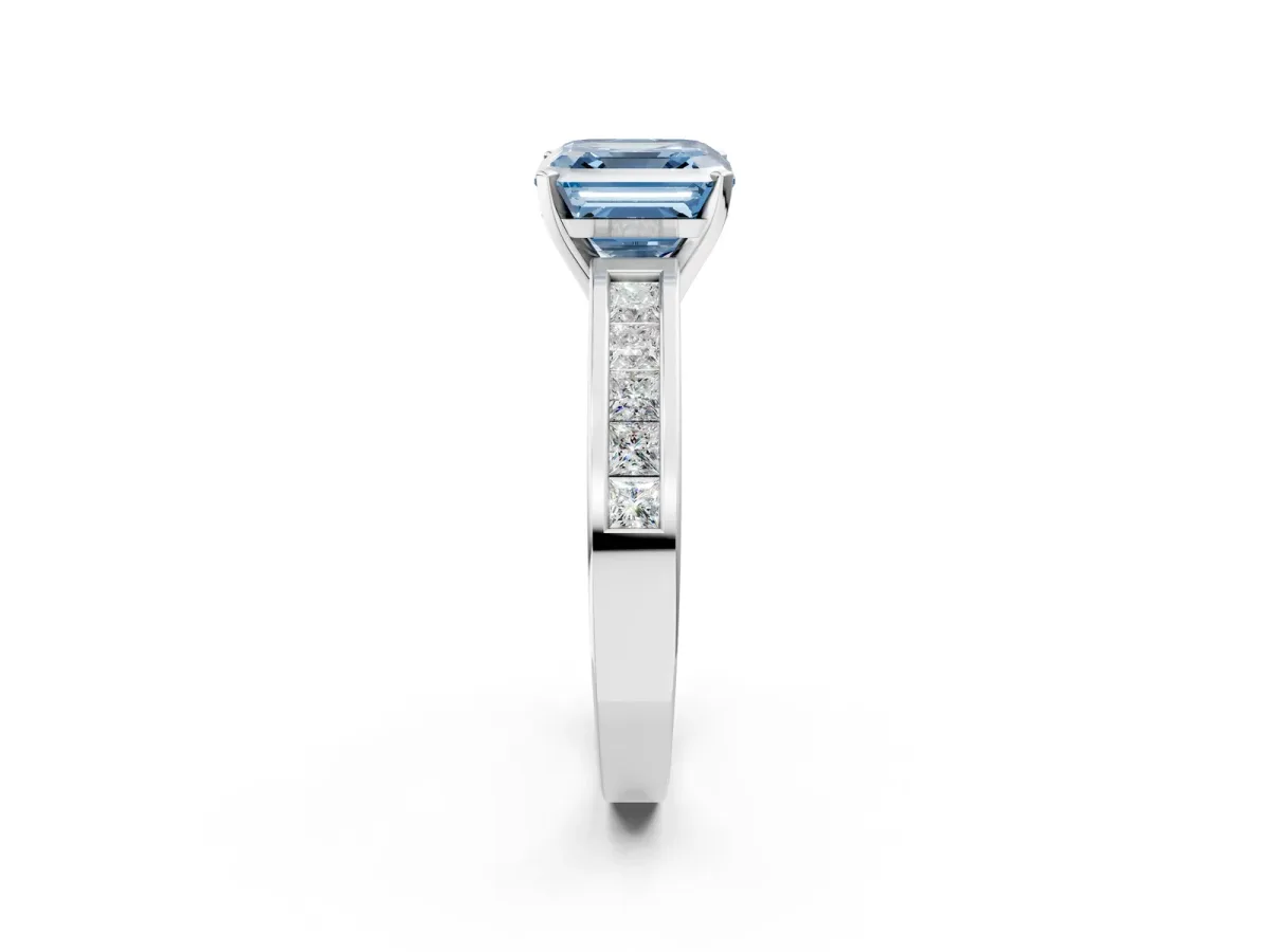 Fancy Blue Asscher Cut Solitaire Diamond Ring with Channel-Set Band and Four-Prong Setting Platinum