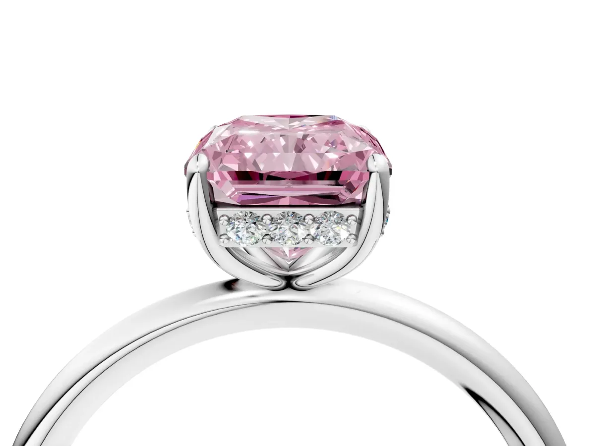 Fancy Pink Radiant Cut Solitaire Diamond Ring with a Classic Band and Four-Prong Setting Platinum
