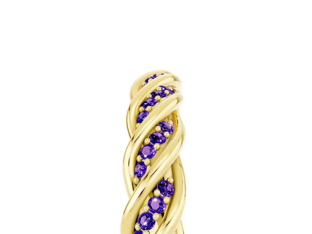 Twisted Pavé Round Tanzanite Eternity Band with Shared Prong Setting Yellow gold