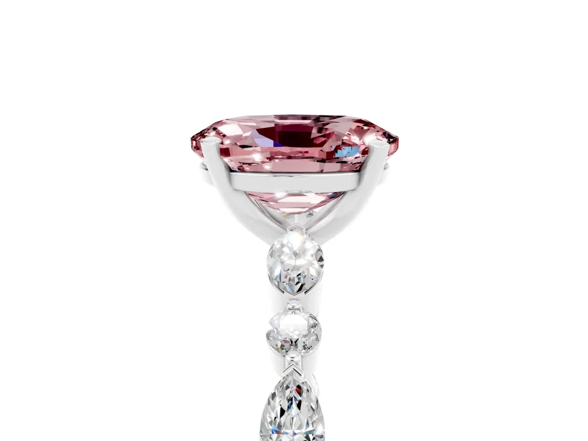 Oval Cut Morganite Ring with Marquise and Round Side Stones and Four-Prong Setting Silver