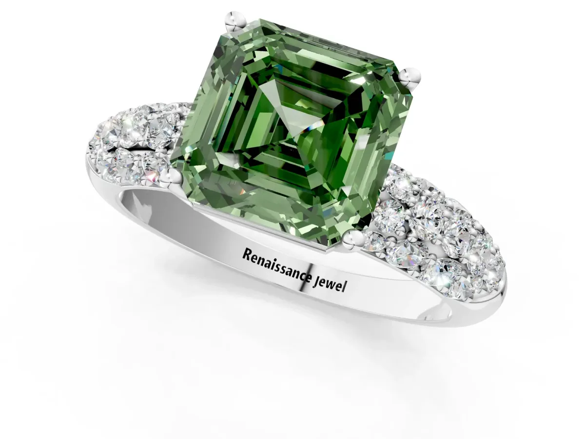 Fancy Green Asscher Cut Diamond Pavé Band Solitaire Ring with Four-Prong Setting Platinum