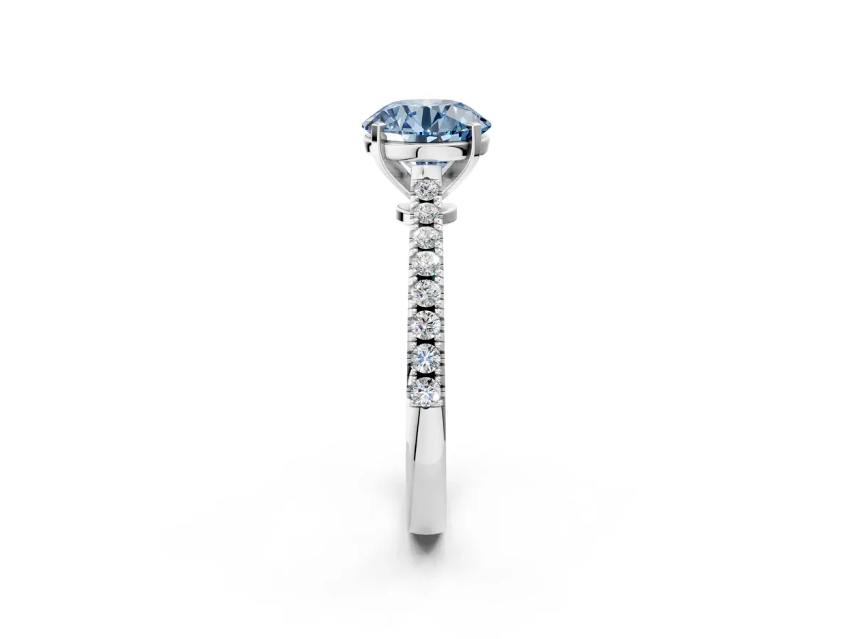 Fancy Blue Asscher Cut Cut Solitaire Diamond Engagement Ring with Pave Band and Four-Prong Setting Silver