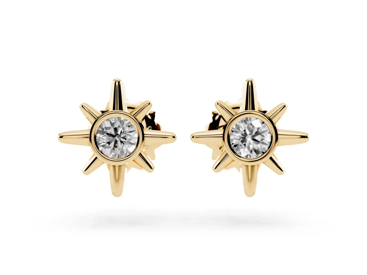 Round Diamond Sol Starburst Stud Earrings Yellow gold