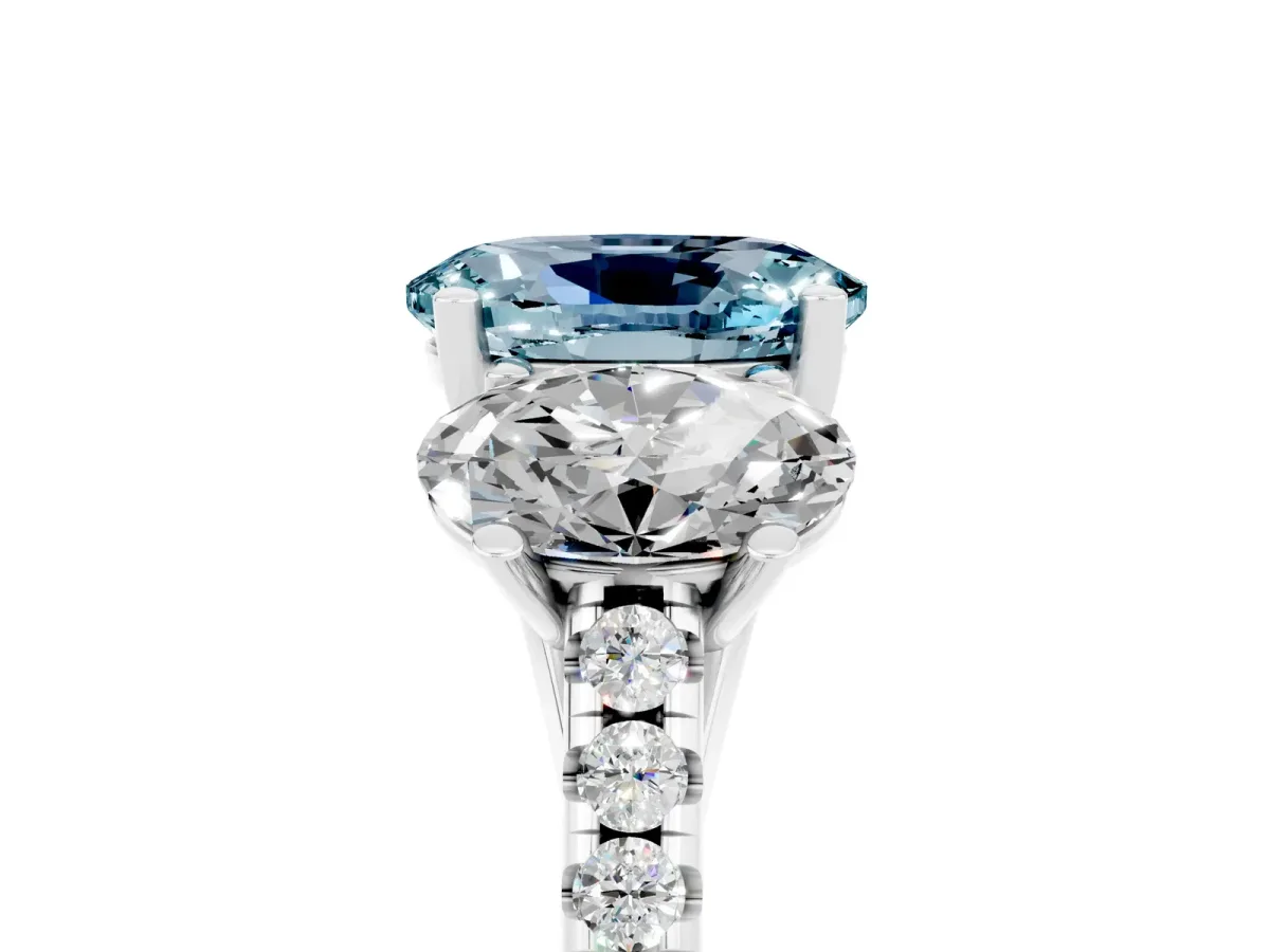 Three-Stone Oval Cut Aquamarine Ring with Round Pavé Band and Prong Setting Silver