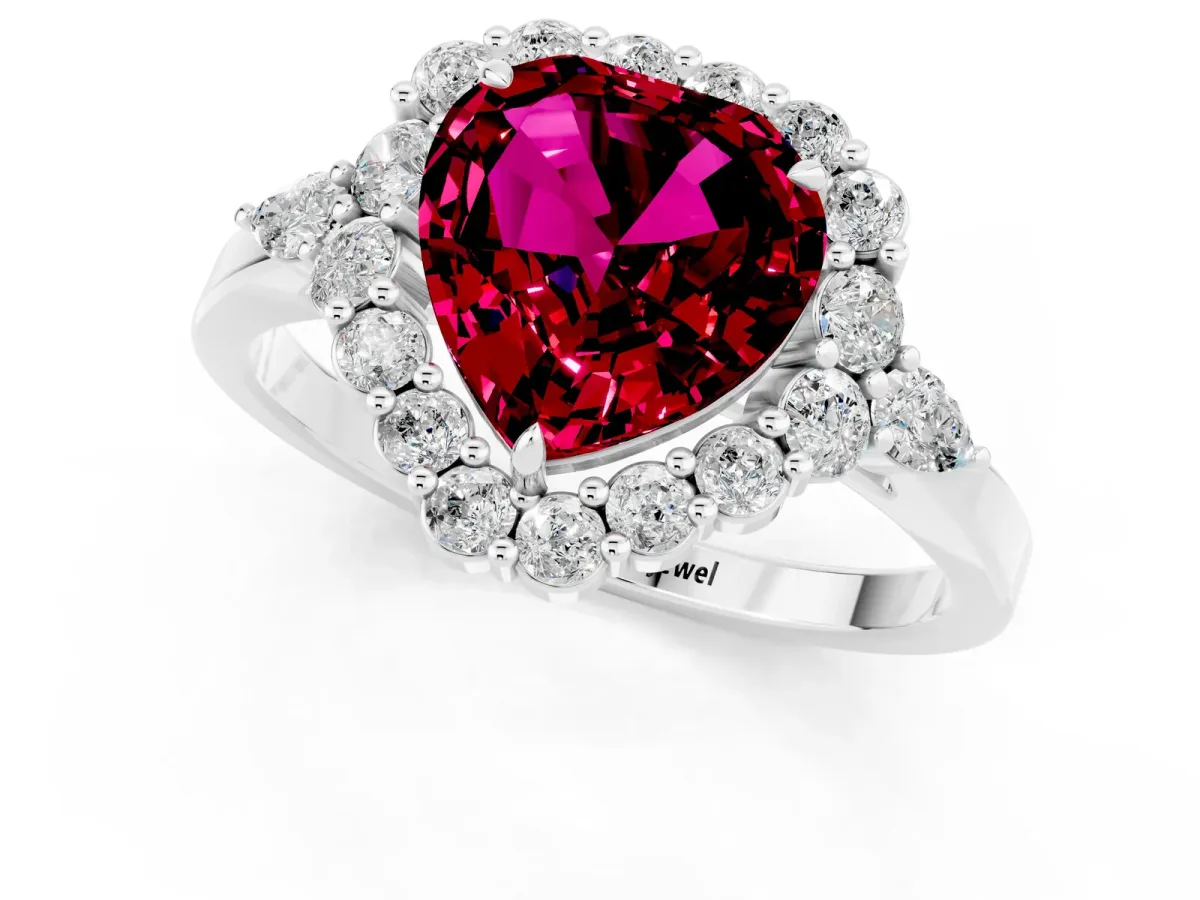 Heart Cut Garnet Halo Ring with Pear Side Stones and Prong Setting Silver