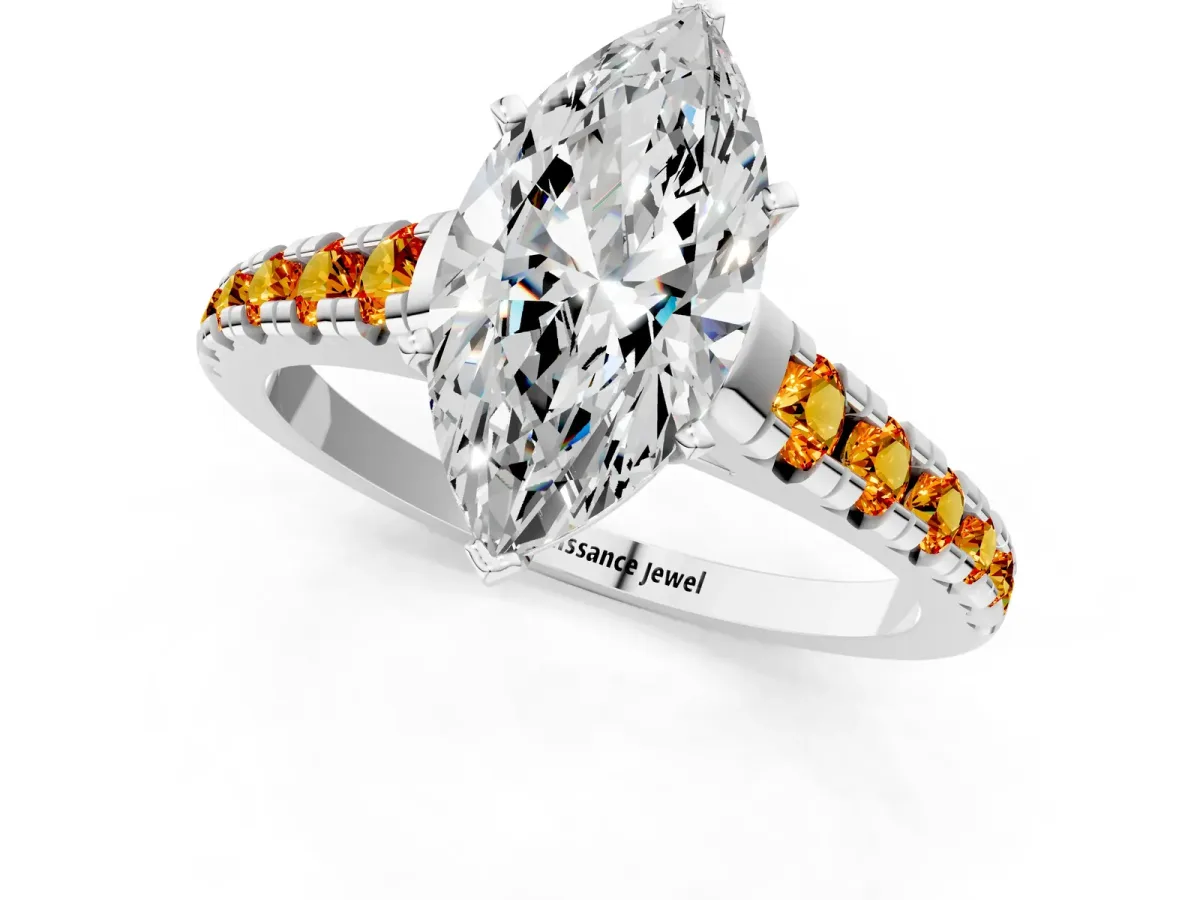 Marquise Cut Diamond Cathedral Solitaire Ring with Round Citrine Pavé Band Silver