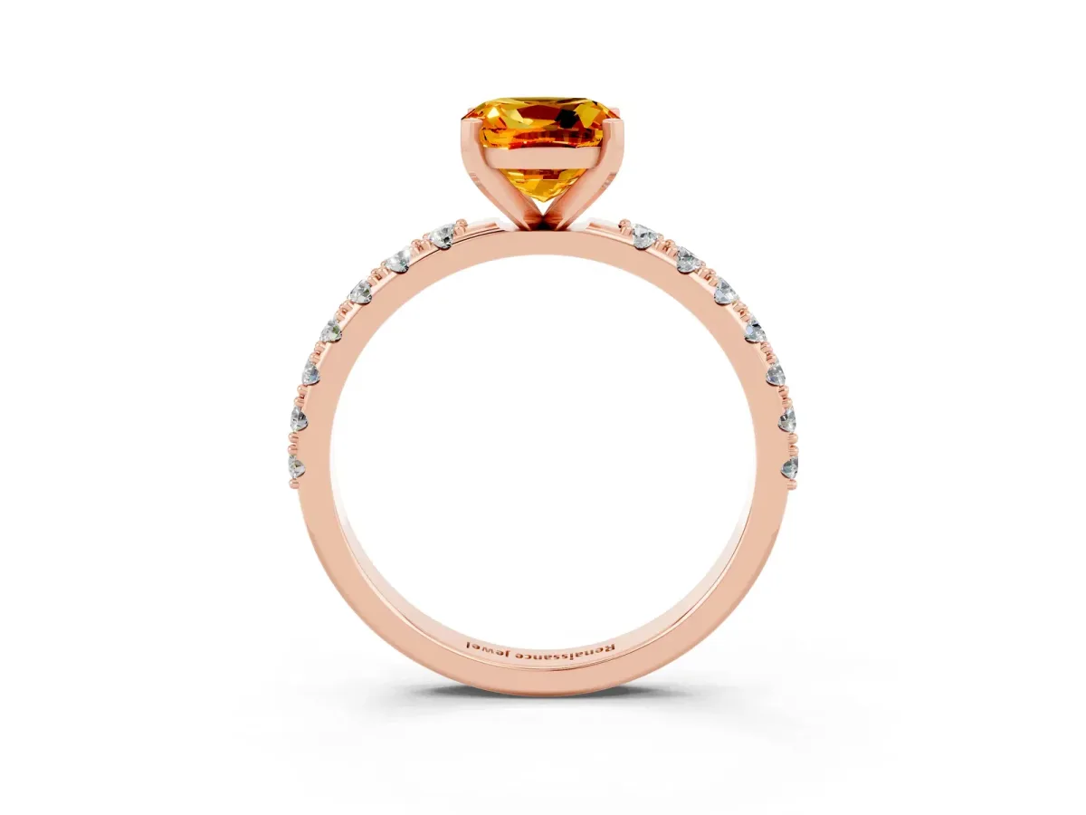 Cushion Cut Citrine Solitaire Pavé Band with Four-Prong Setting Rose gold