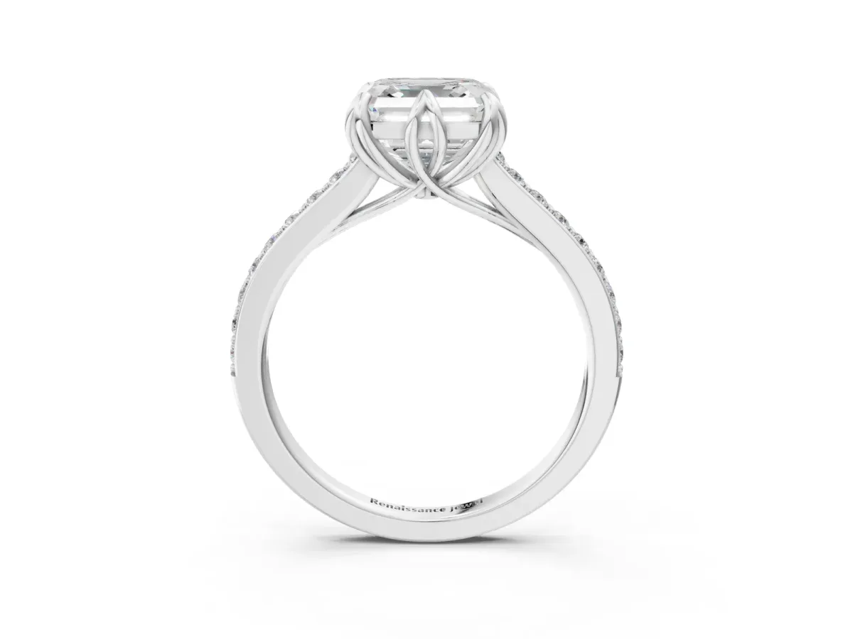 Asscher Cut Solitaire Diamond Engagement Ring with Pave Band and Six-Prong Setting Platinum