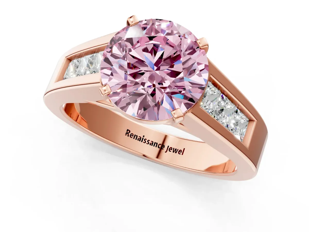Fancy Pink Round Cut Cut Channel Set Solitaire Ring with Four-Prong Setting Rose gold