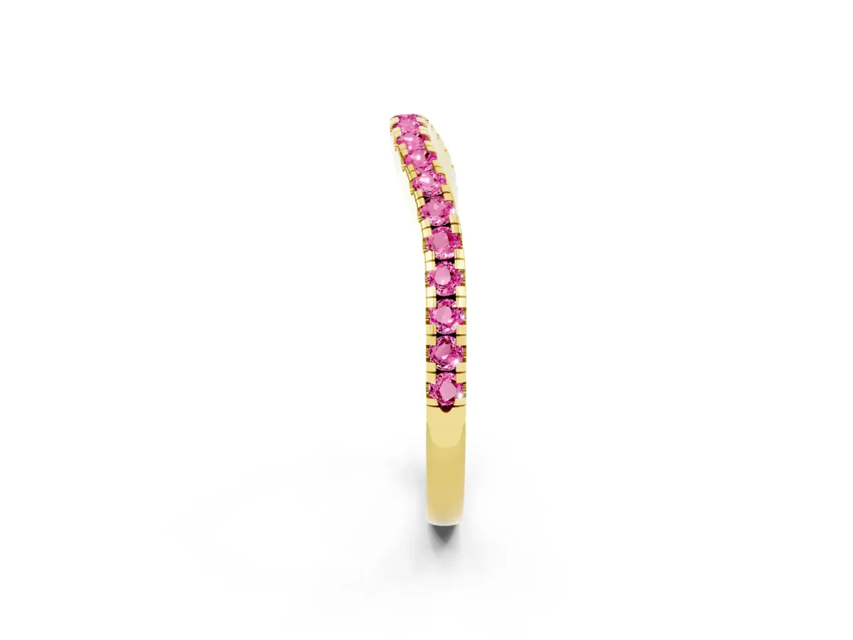Round Pink Sapphire Pavé Half Eternity Band with Shared Prong Setting Yellow gold