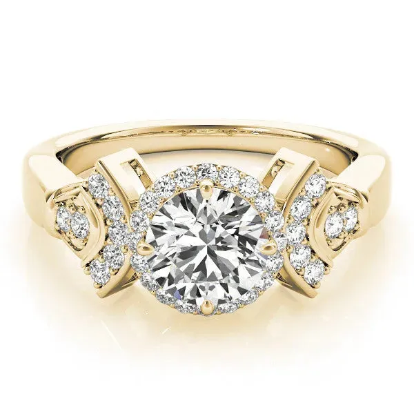 Round Cut Halo Diamond Split Shank Engagement Ring with Four-Prong Setting Yellow gold
