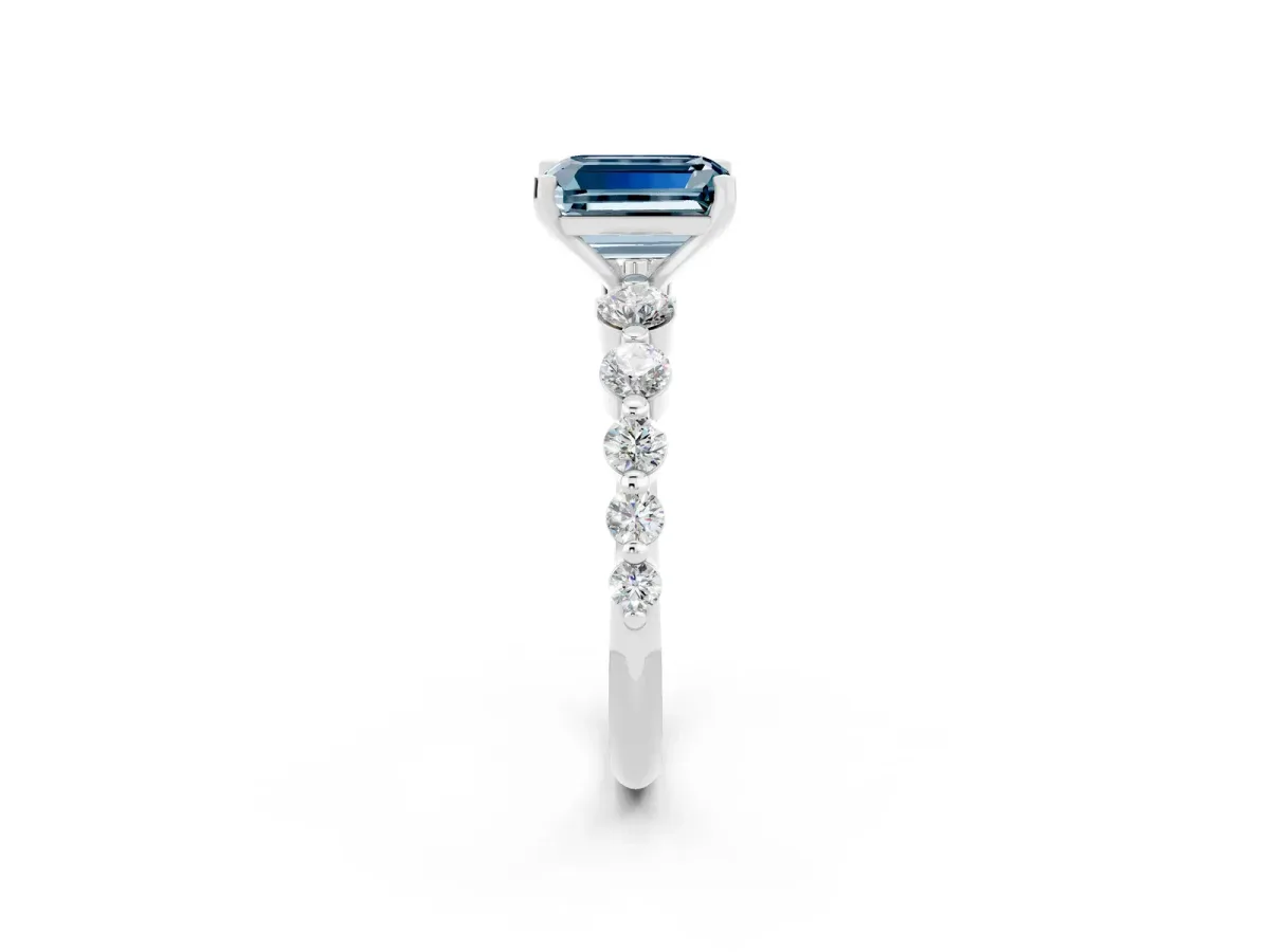 Emerald Cut Solitaire Aquamarine Ring with Pave Band and Four-Prong Setting Silver