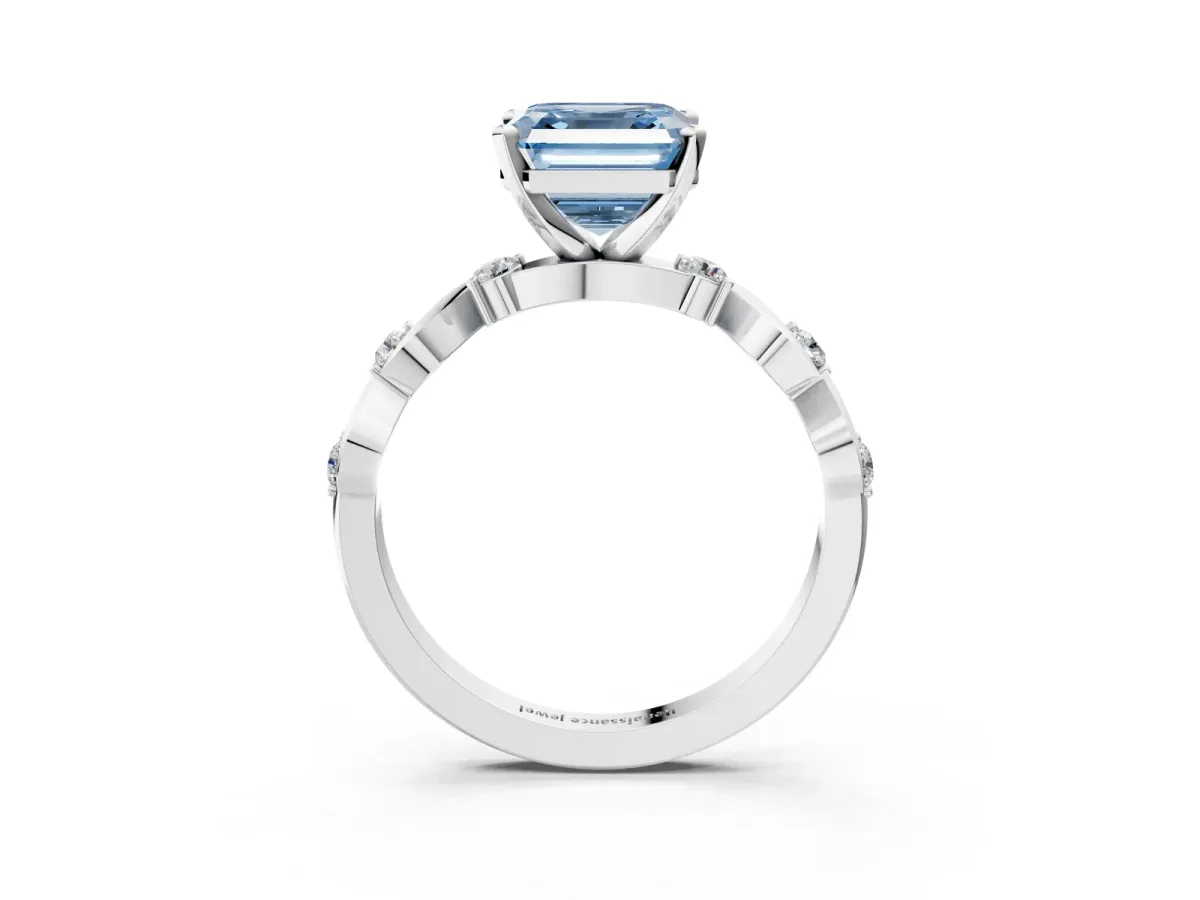 Fancy Blue Asscher Cut Diamond Solitaire Twisted Band with Round Accents and Prong Setting Silver