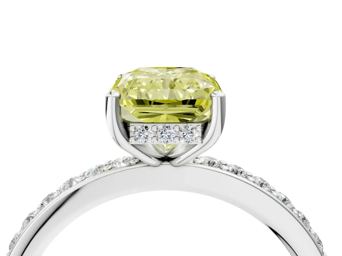 Fancy Yellow Radiant Cut Cut Diamond Pavé Band Ring with Four-Prong Setting Platinum