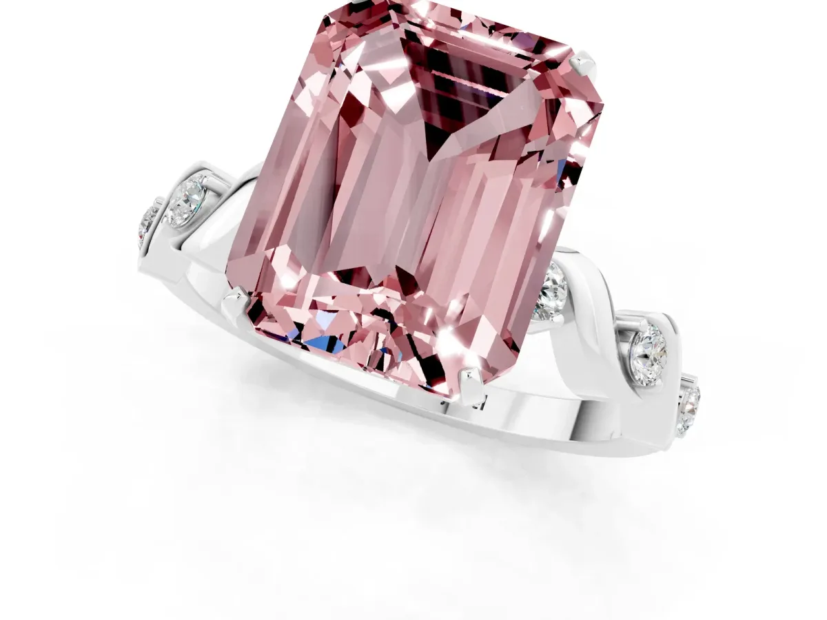 Emerald Cut Morganite Solitaire Twisted Band with Round Accents and Prong Setting Silver