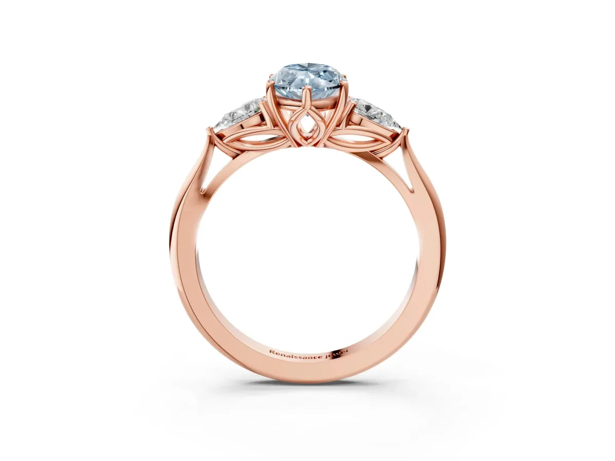 Fancy Blue Marquise Cut Diamond Three-Stone Ring with Pear Side Stones and Prong Setting Rose gold