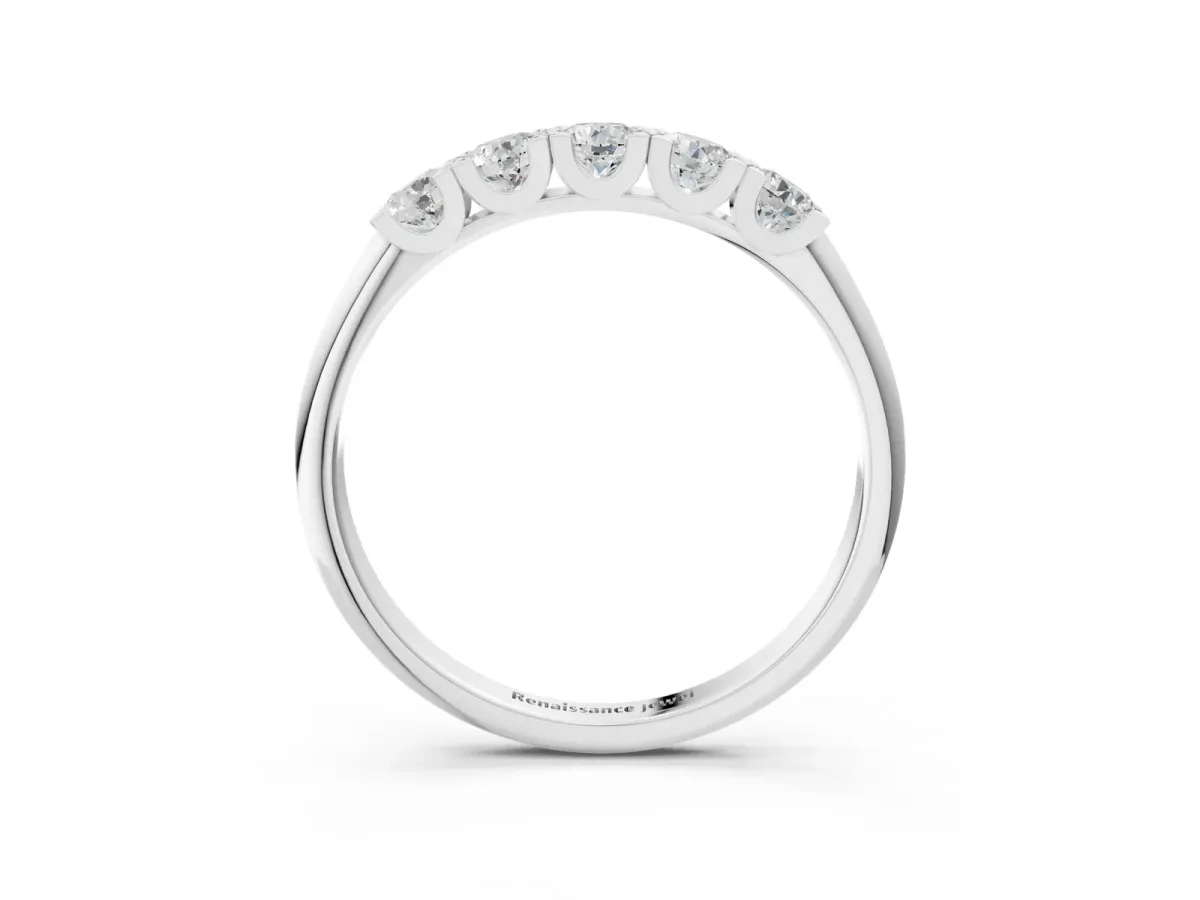 Round Diamond Channel Set Half Eternity Band with Shared Prong Setting Silver