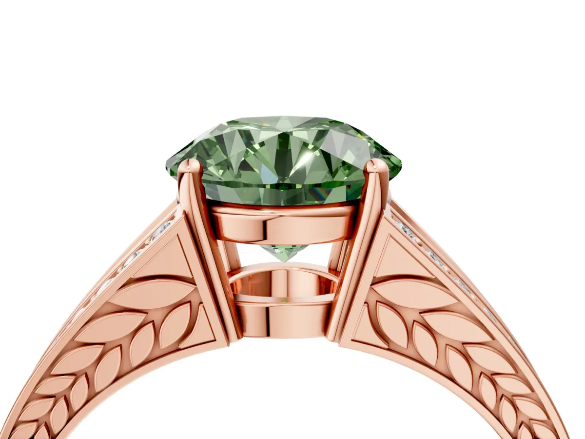 Fancy Green Round Cut Diamond Split Shank Ring with Pavé Band and Four-Prong Setting Rose gold