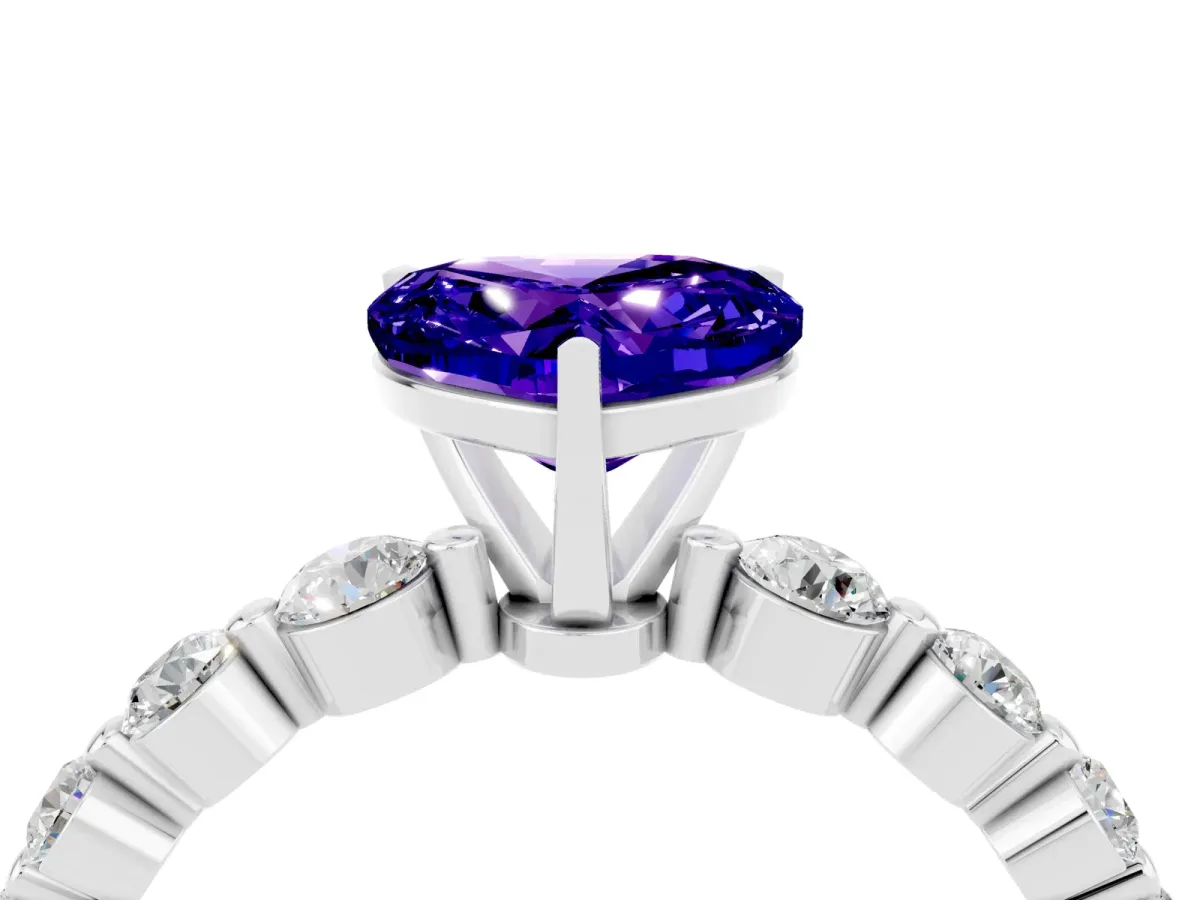 Heart Cut Solitaire Tanzanite Ring with Pave Band and Four-Prong Setting Silver