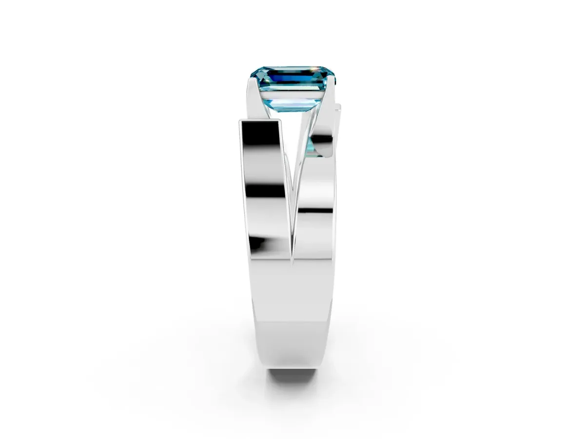 Modern Tension Set Emerald Cut Blue Topaz Solitaire Wide Band Ring Silver