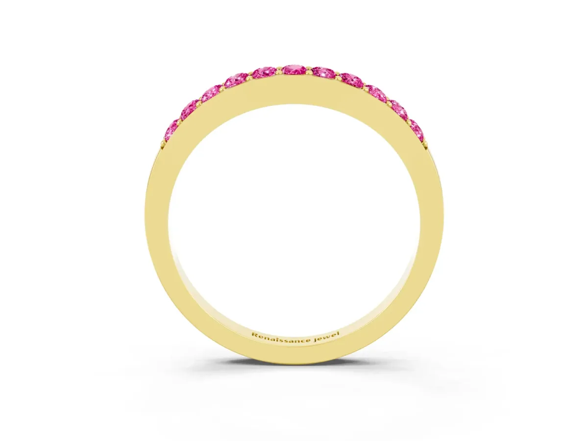 Round Pink Sapphire Curved Wedding Band with Channel Setting Yellow gold