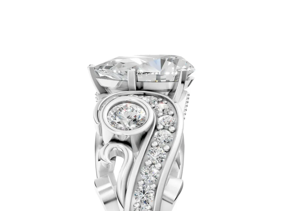 Pear Cut Diamond Solitaire Ring with Milgrain Pavé Band and Four-Prong Setting Silver