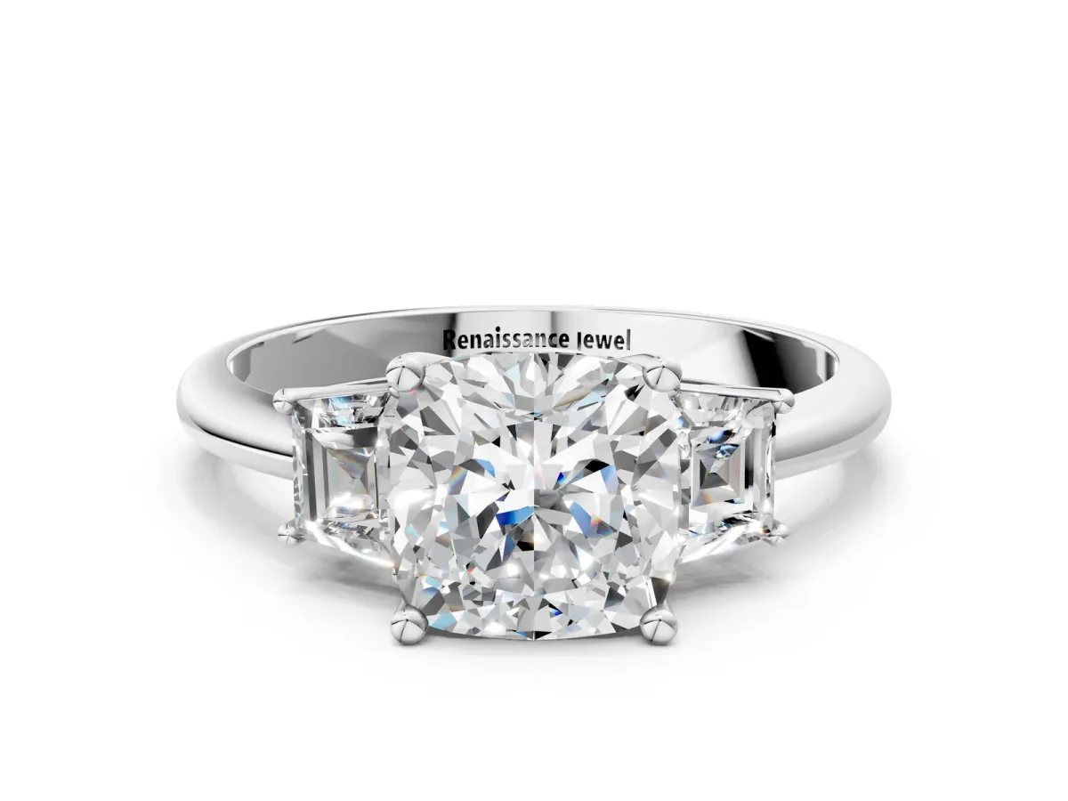 Cushion Cut Diamond Three-Stone Ring with Trapezoid Side Stones and Prong Setting Silver