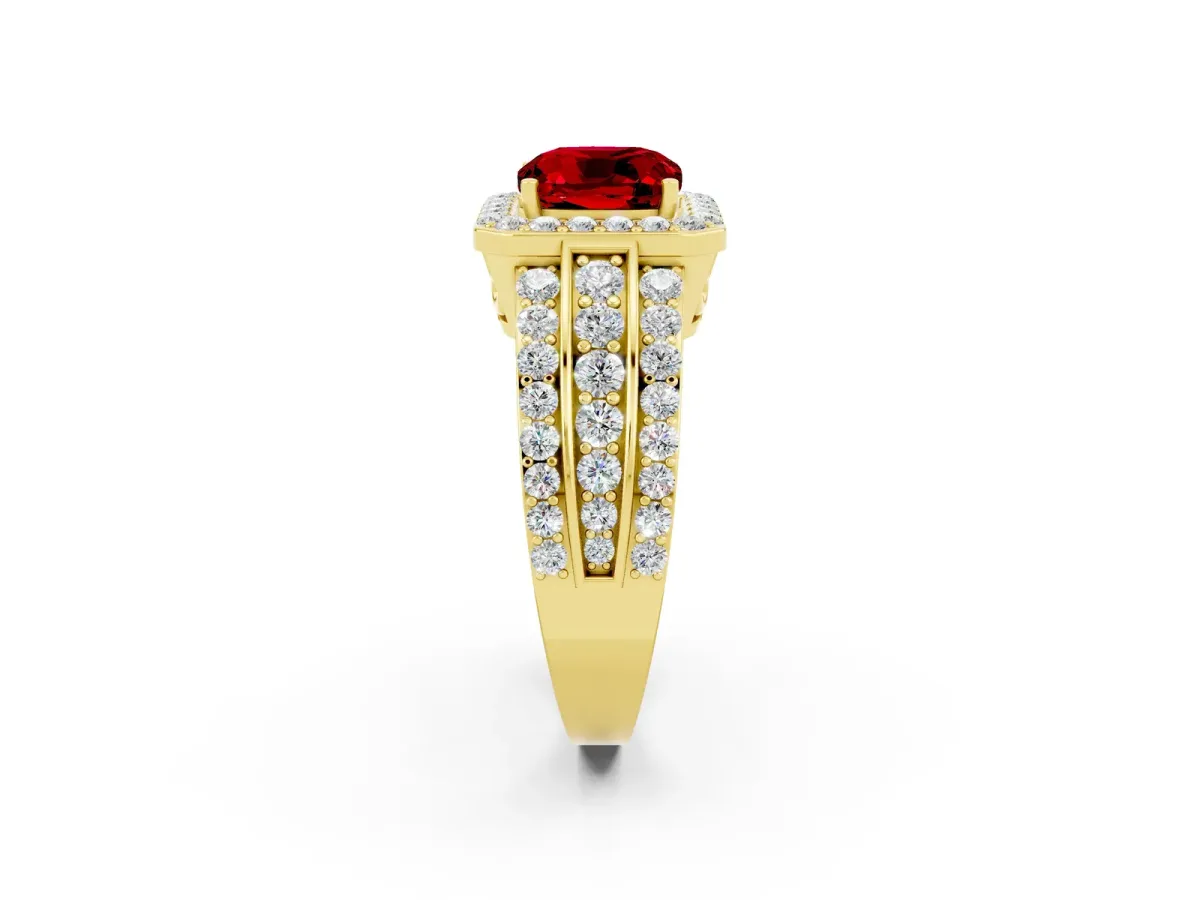Cushion Cut Halo Ruby Ring with Round Split Shank and Prong Setting Yellow gold