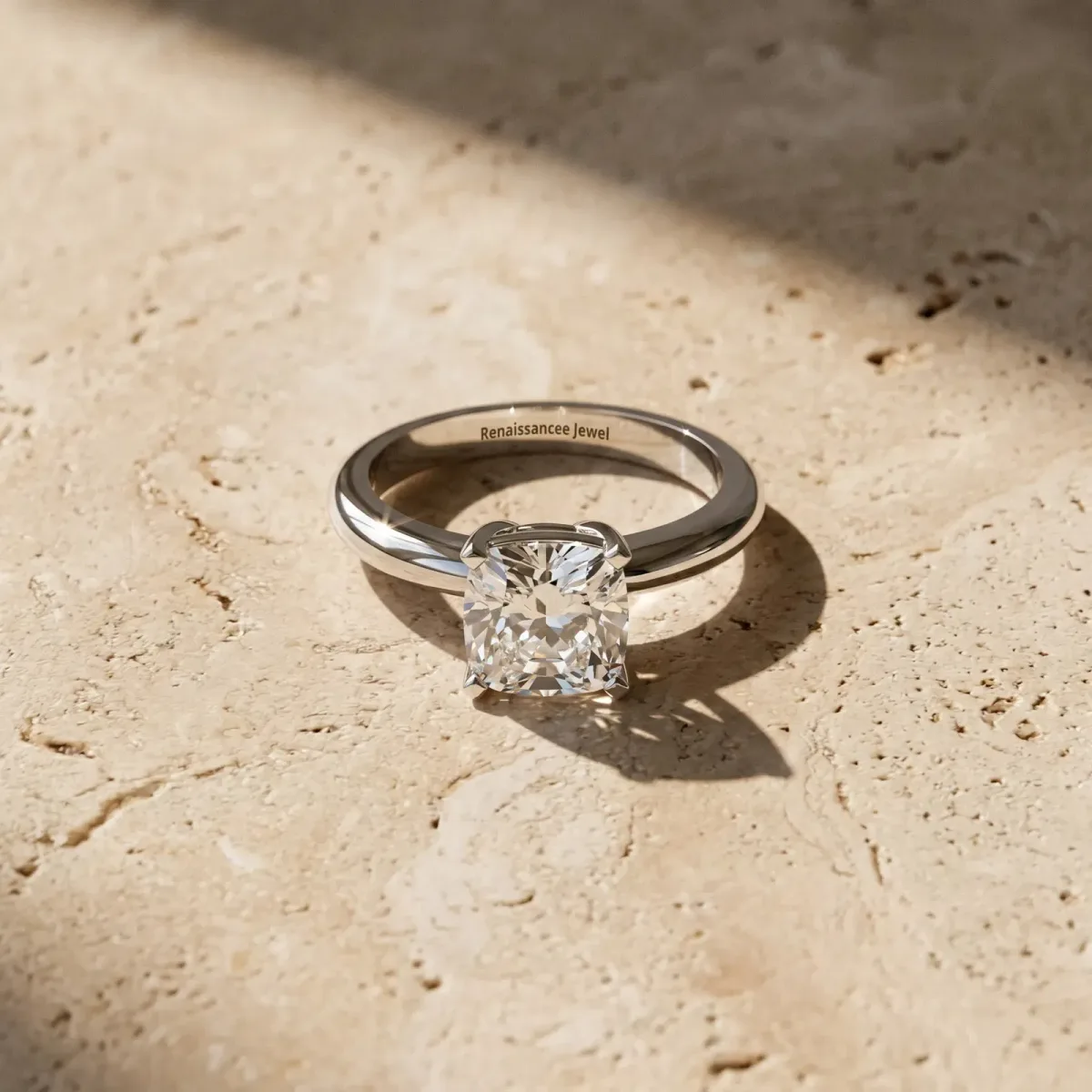 Cushion Cut Diamond Solitaire Engagement Ring with Round Band and Four-Prong Setting Silver