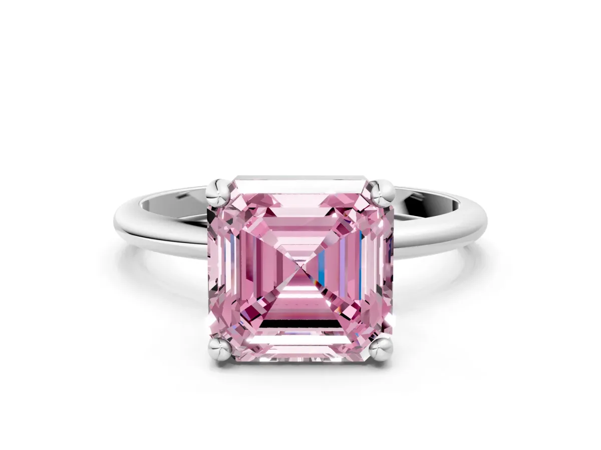 Fancy Pink Asscher Cut Solitaire Diamond Ring with 4-Prong Setting on a Classic Band White gold