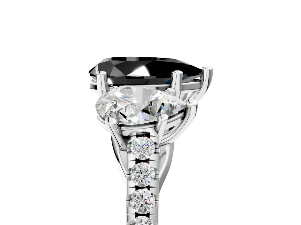 Fancy Black Three-Stone Pear Cut Diamond Ring with Round Pavé Band and Prong Setting Silver