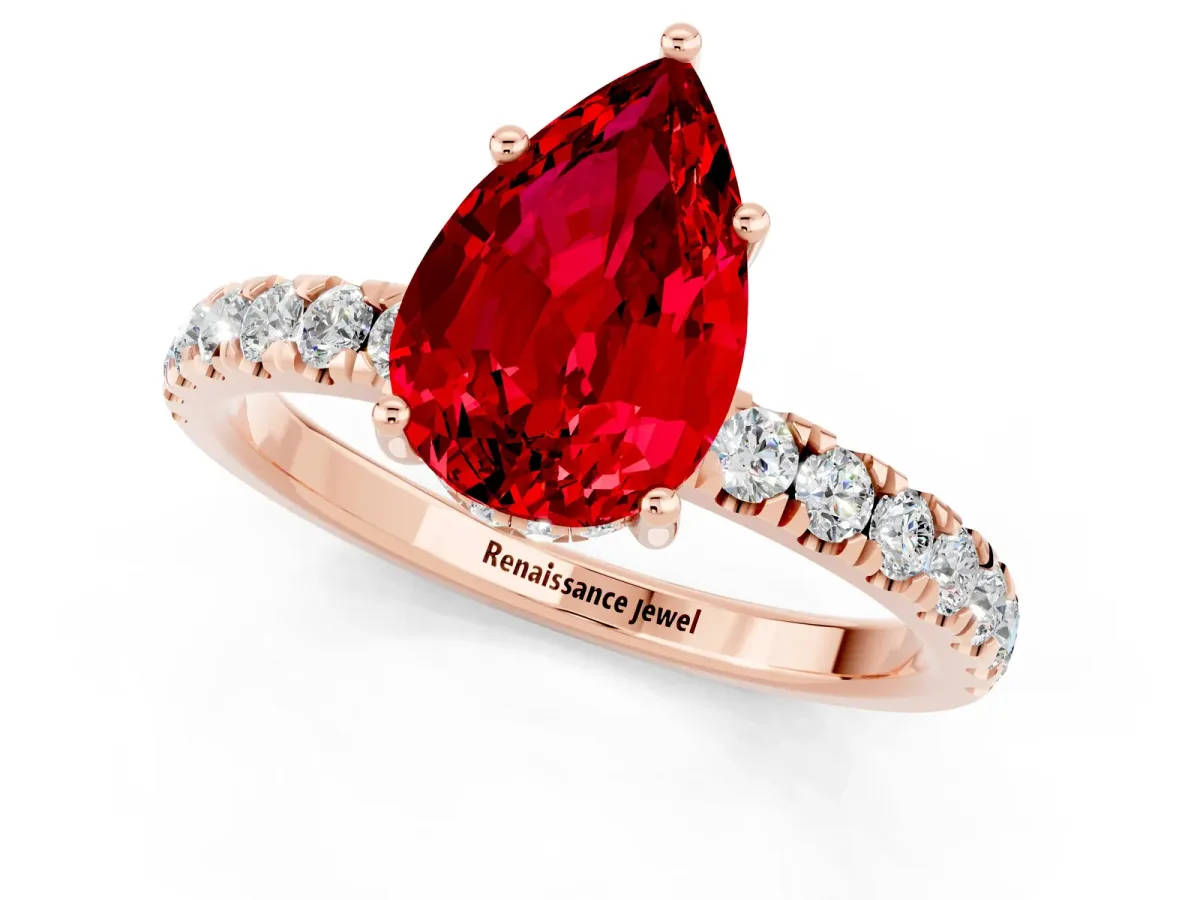 Pear Cut Ruby Pave Band Solitaire Ring with Round and Prong Setting Rose gold