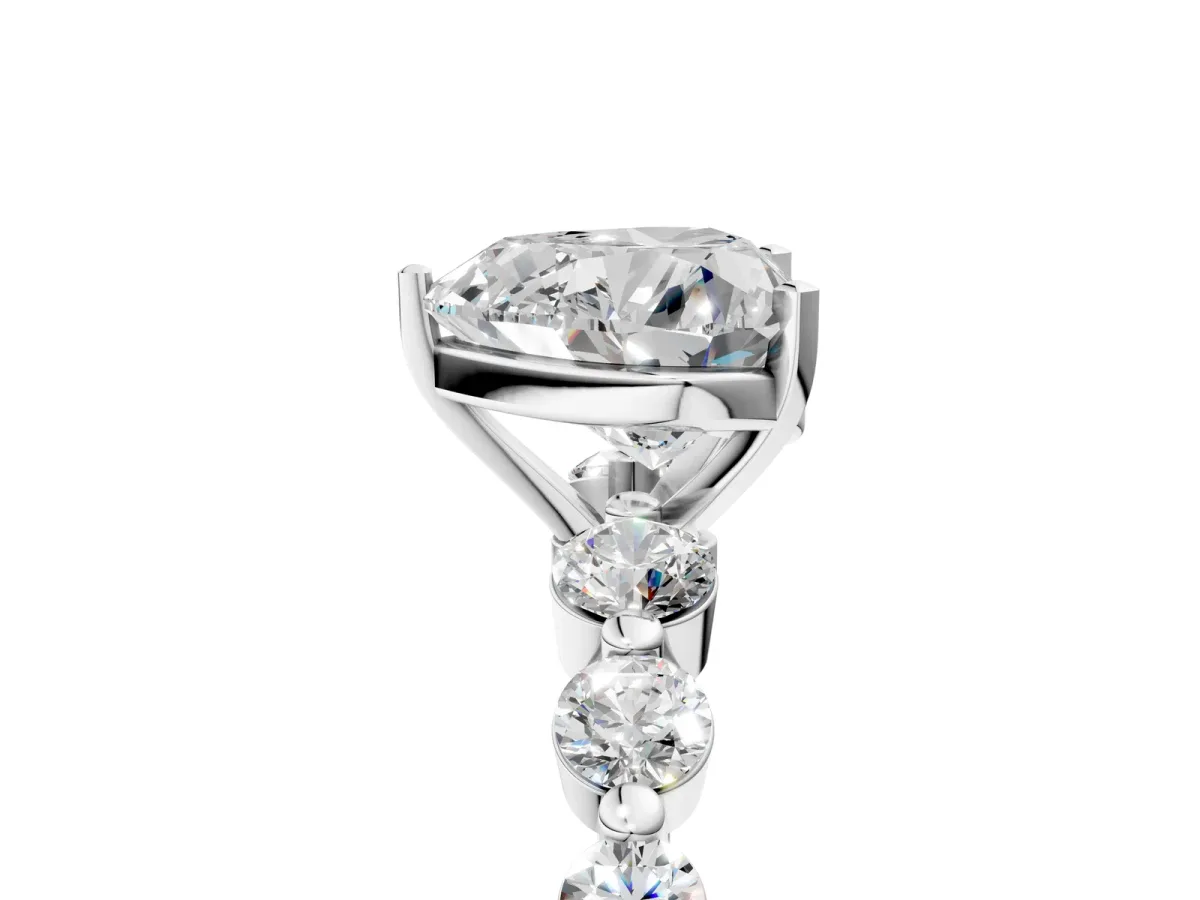 Heart Cut Solitaire Diamond Ring with Pave Band and Four-Prong Setting Silver