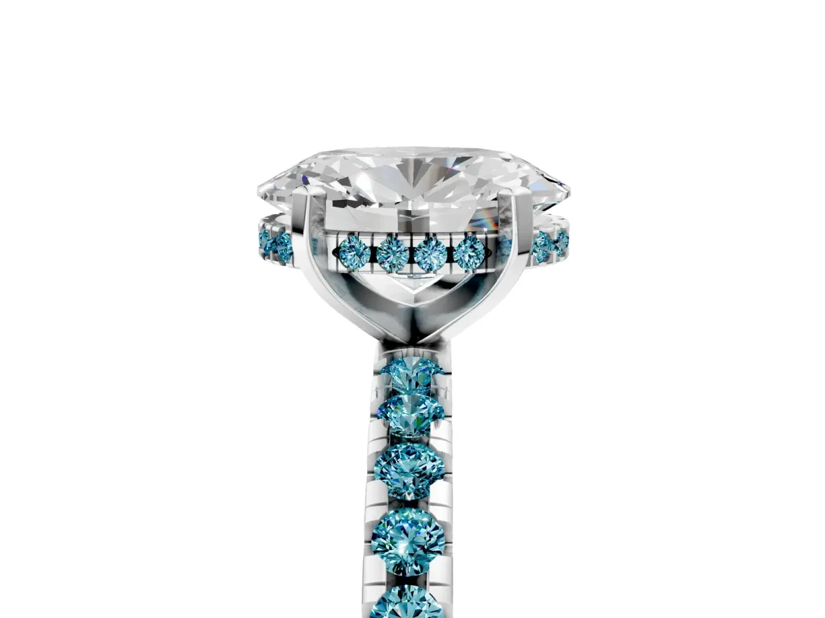 Oval Cut Diamond Solitaire Ring with Round Blue Topaz Pavé Band and Four-Prong Setting Silver