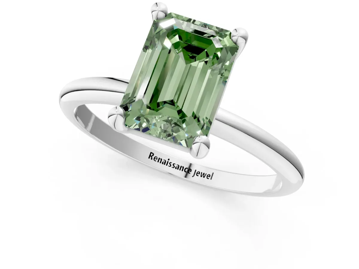 Fancy Green Emerald Cut Solitaire Diamond Ring with 4-Prong Setting on a Classic Band Silver