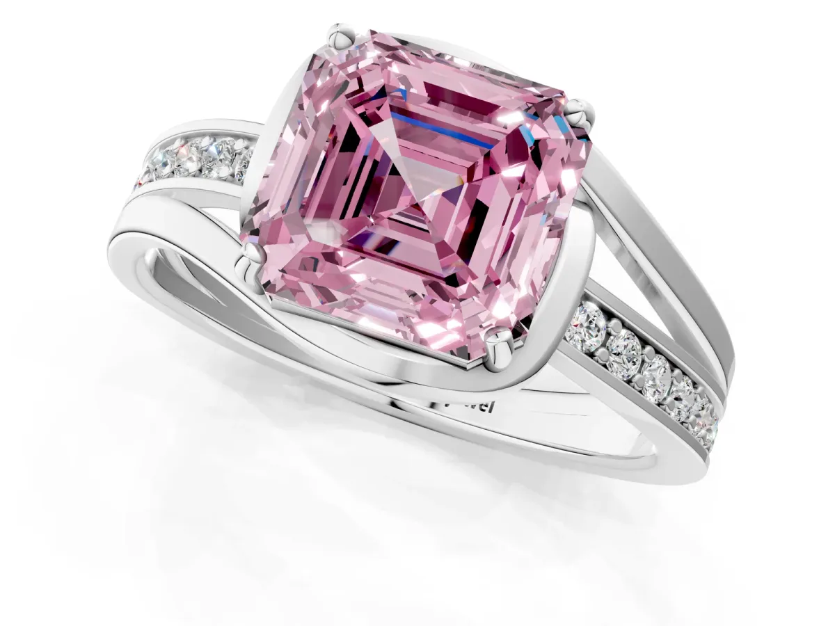 Fancy Pink Asscher Cut Diamond Solitaire Ring with Split Shank and Prong Setting Platinum