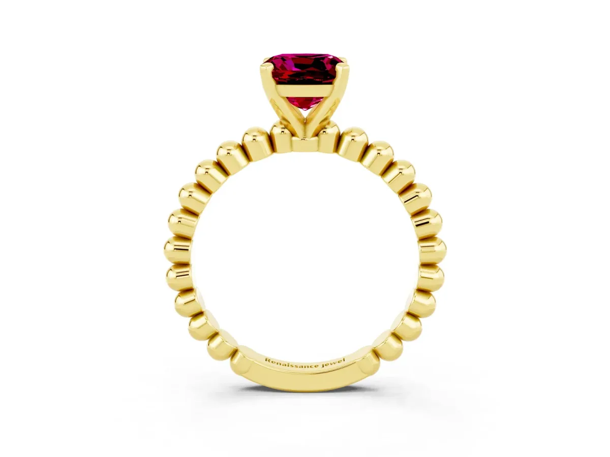 Cushion Cut Garnet Solitaire Ring with Beaded Band and Prong Setting Yellow gold