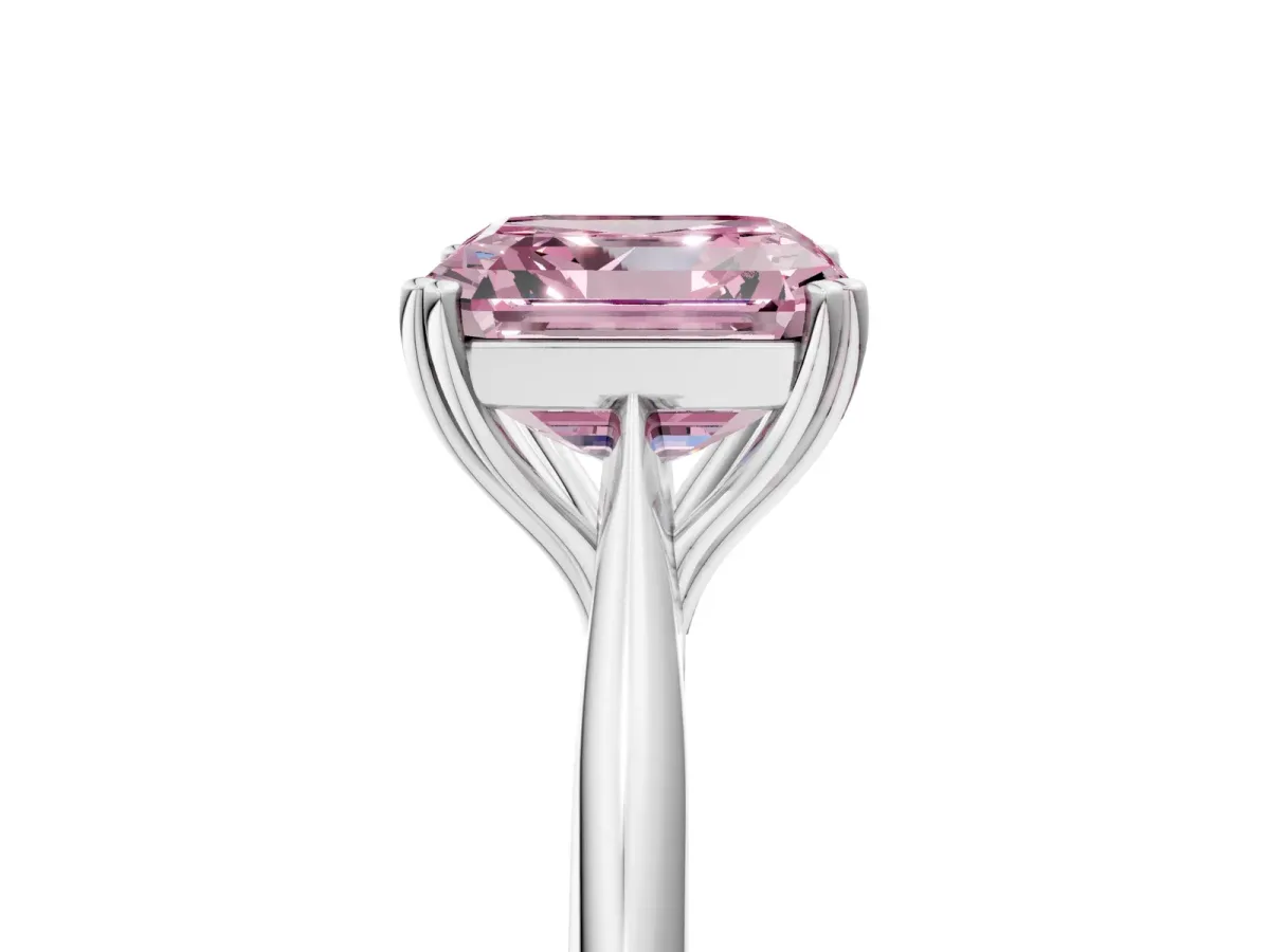 Fancy Pink Asscher Cut Solitaire Diamond Ring with Six-Prong Setting and Classic Band Platinum