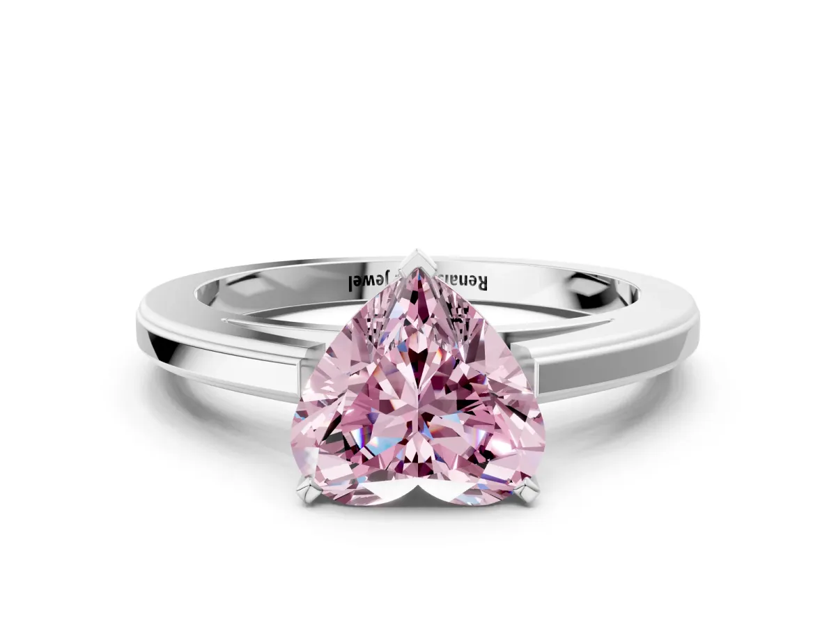 Fancy Pink Heart Cut Solitaire Diamond Ring with Four-Prong Setting and Classic Band Platinum