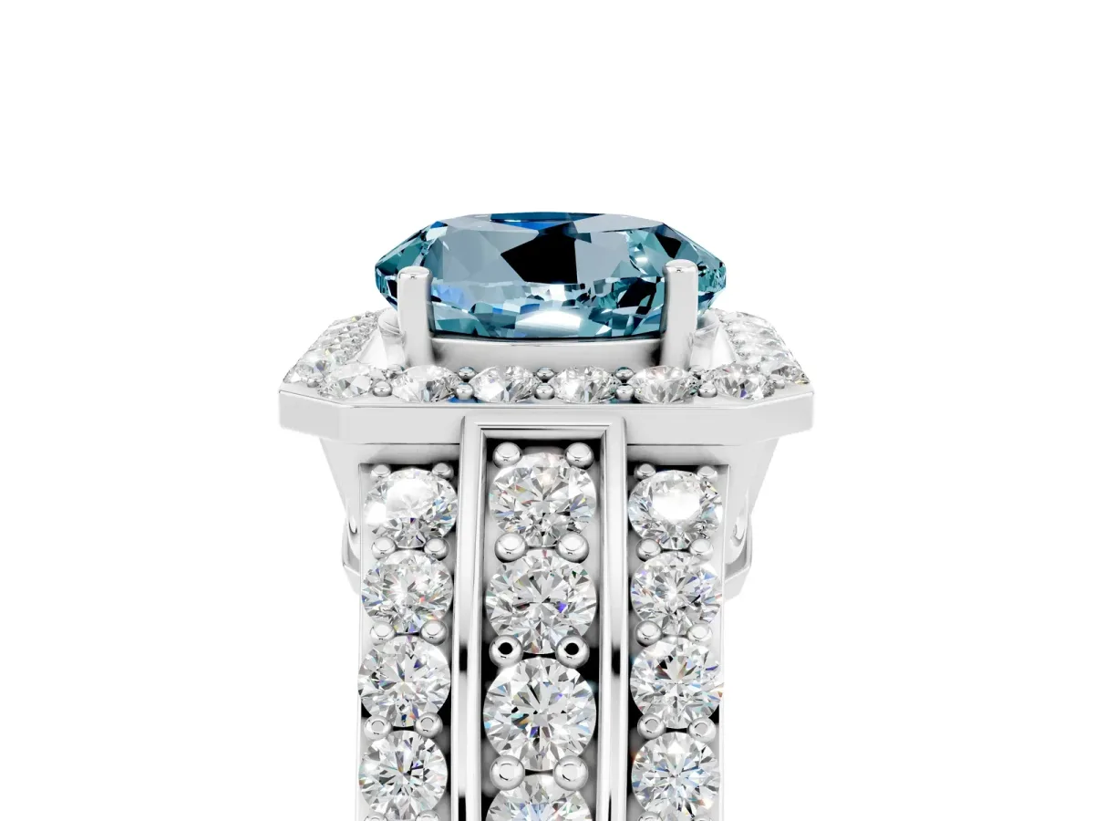 Round Cut Halo Aquamarine Ring with Round Split Shank and Prong Setting Silver