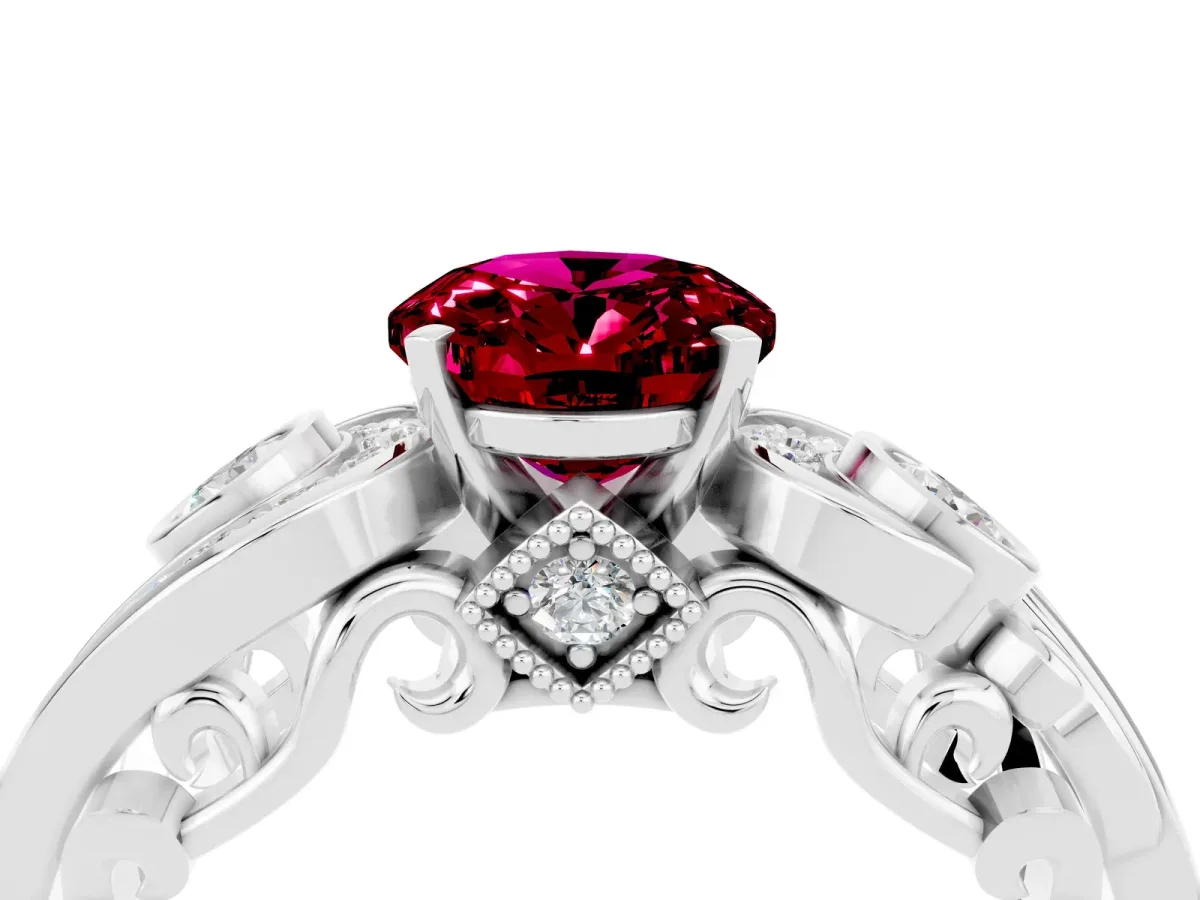 Oval Cut Garnet Solitaire Ring with Milgrain Pavé Band and Four-Prong Setting Silver