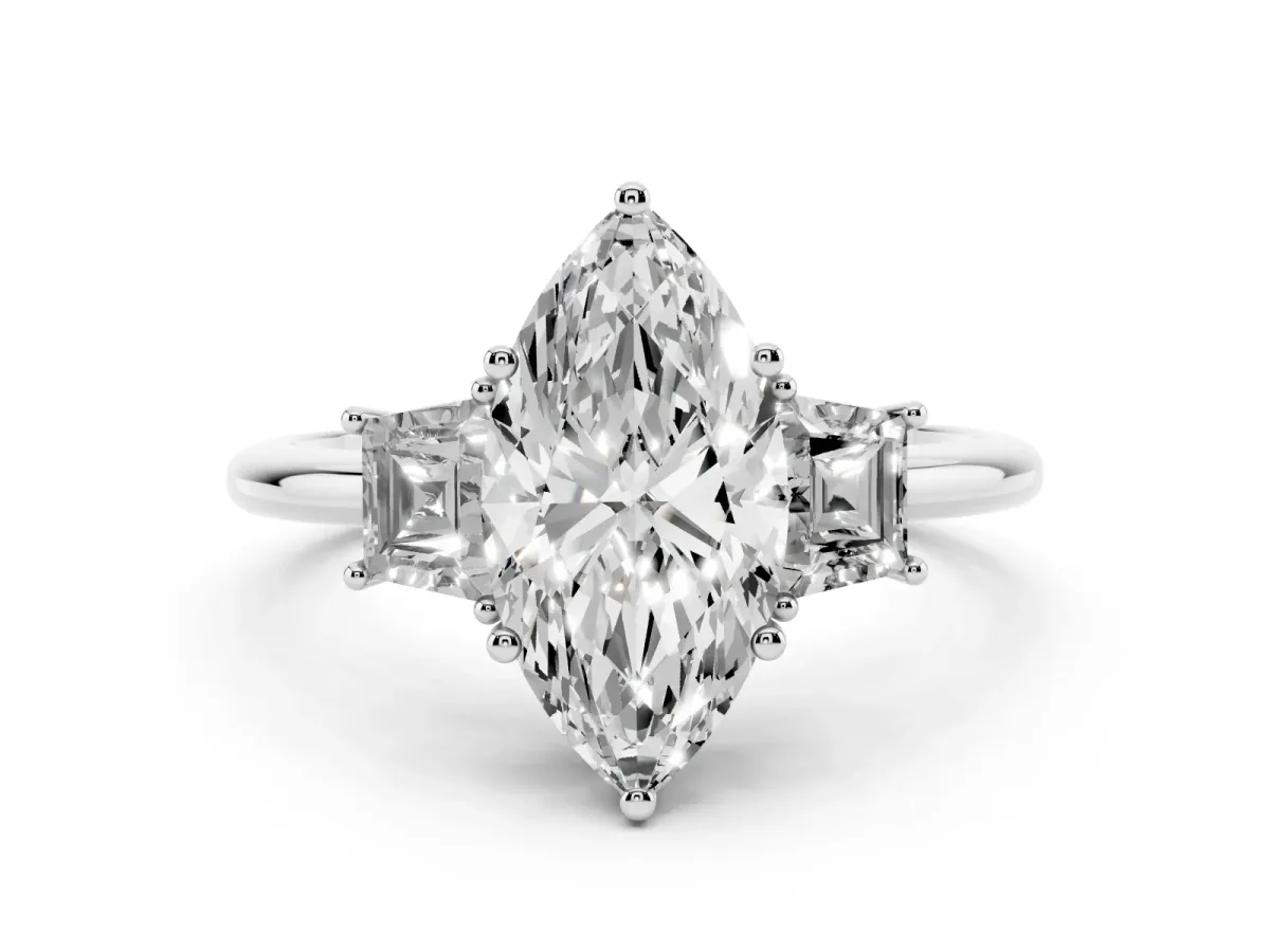 Marquise Cut Diamond Three-Stone Ring with Trapezoid Side Stones and Prong Setting Silver